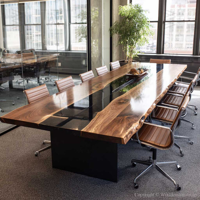 Long wooden epoxy conference table for modern meeting rooms in california