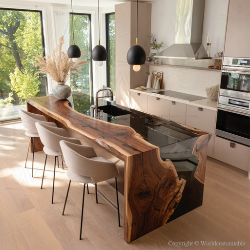 Modern kitchen with a live-edge wooden dining table and chairs.
