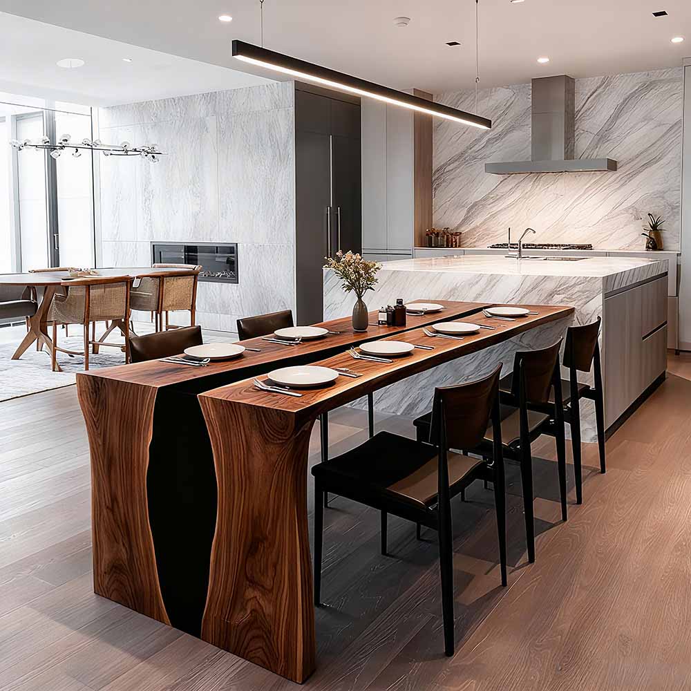 Modern kitchen with a long wooden dining table and chairs.
