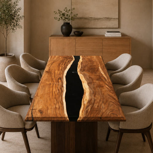 Large walnut dining table with deep black epoxy resin