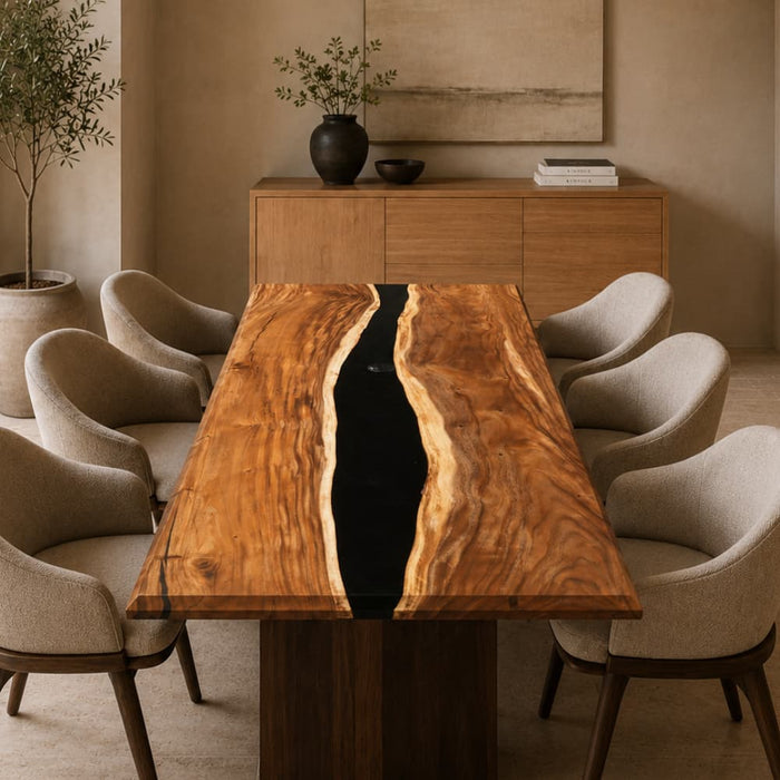 Large walnut dining table with deep black epoxy resin