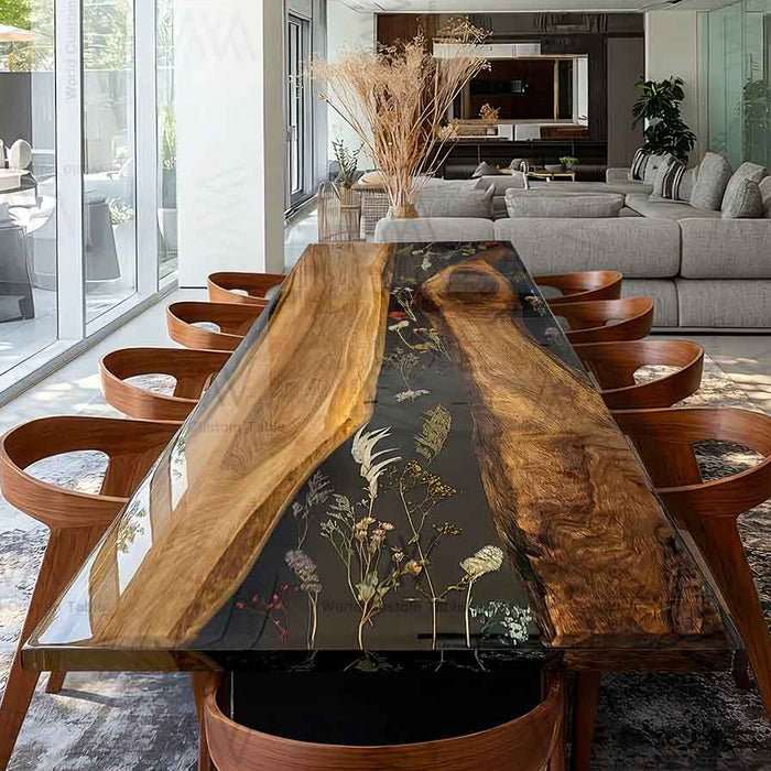 Black walnut table with black epoxy resin and embedded floral design