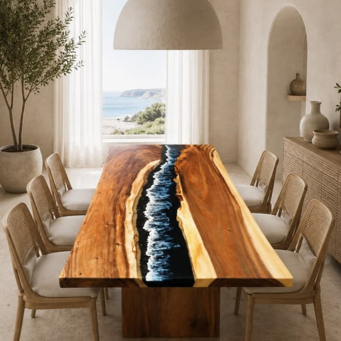 Walnut dining table featuring dramatic black wave resin design