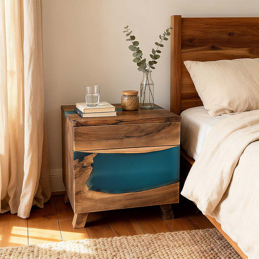 Handmade walnut blue epoxy bedside table with resin river design.
