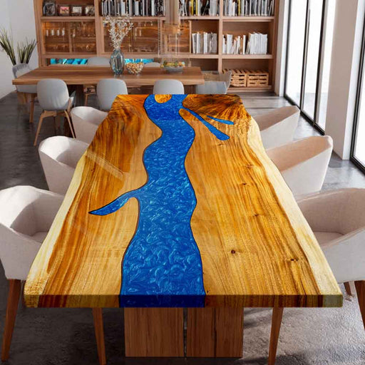 42"x84" walnut blue epoxy resin dining table seats 8, factory stock ready to ship