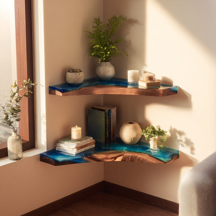 Handmade walnut blue epoxy floating shelf with resin details.
