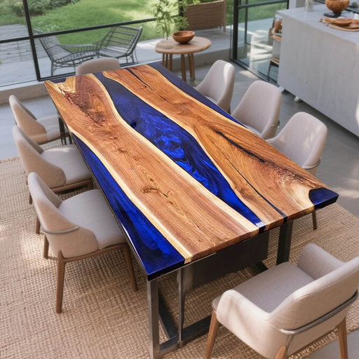 Walnut wood dining table with deep blue epoxy resin river