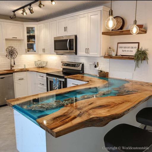 Close-up of live edge walnut wood and ocean blue epoxy resin bar top detail