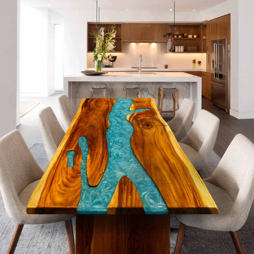 Handmade walnut dining table with blue-green epoxy resin river