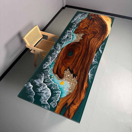 Decorative rug with a wooden design and beach scene on a plain floor.