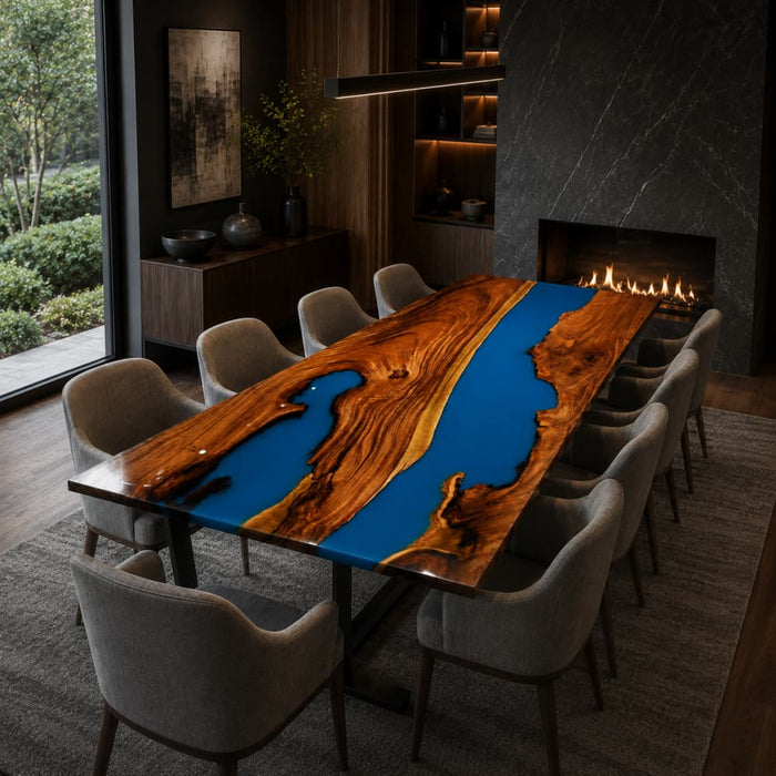 Walnut dining table featuring vibrant blue epoxy resin