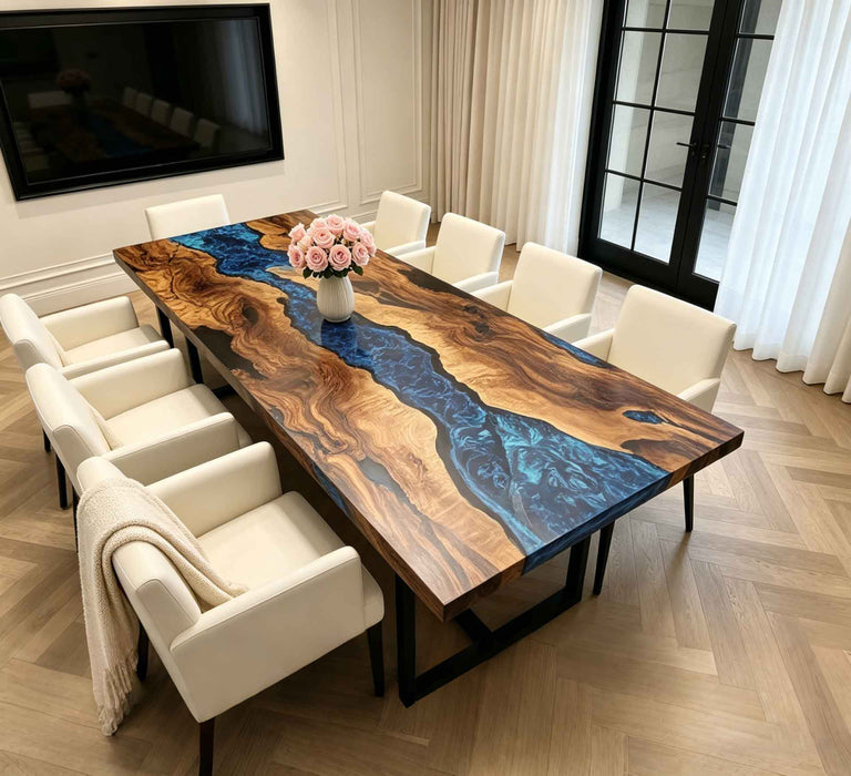 Live edge walnut table with blue swirl epoxy river design