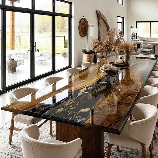 Walnut dining table featuring botanical elements in black epoxy resin