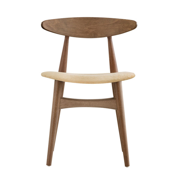 Wooden side table with a round top and curved shelf on a white background