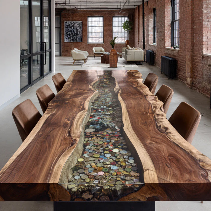 Long wooden dining table with a unique design in a modern interior setting