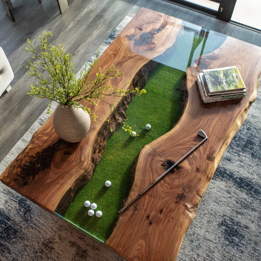 wooden clear epoxy golf table for man cave in florida