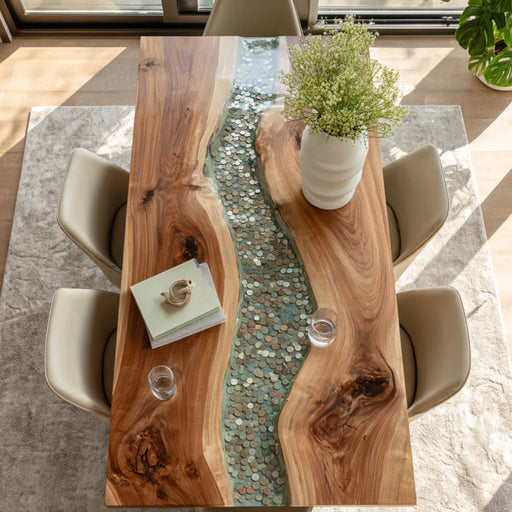 Wooden dining table with natural grain and a vase of flowers, surrounded by chairs.