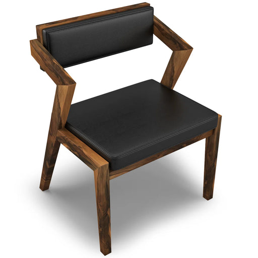 Chair with wooden frame and black leather seat and backrest on a white background