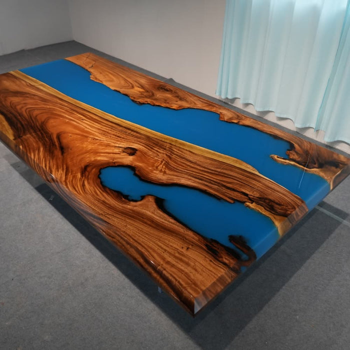 Walnut epoxy dining room table with natural wood grain