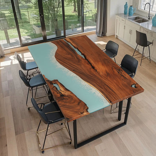 8-seater walnut epoxy resin dining table in modern kitchen setting