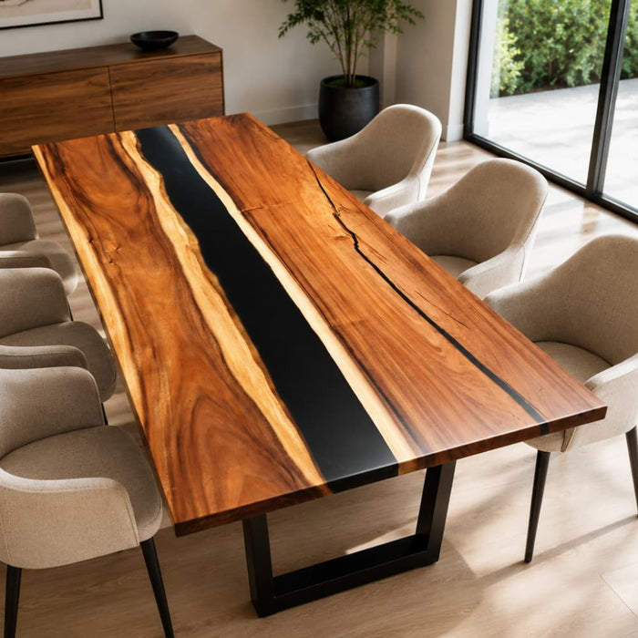 42x96 walnut epoxy dining table with black resin and straight edge