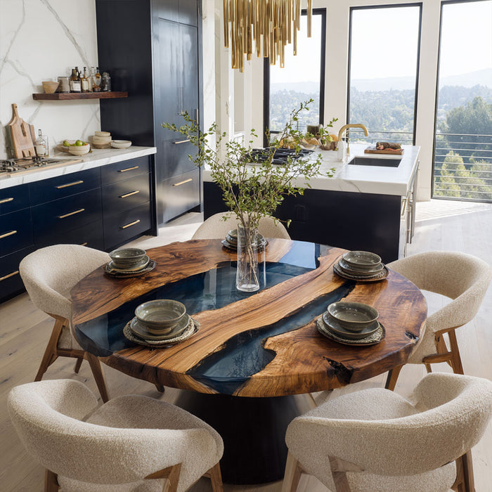 Handcrafted walnut epoxy dining table with foggy black transparent resin river design.