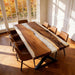 Walnut epoxy dining table with pearl white swirl resin