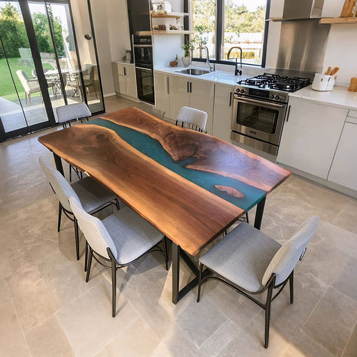 Live edge walnut epoxy dining table with resin river