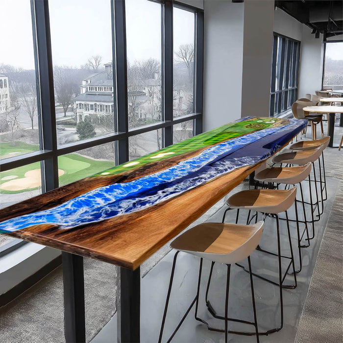 Luxury walnut dining table with ocean blue epoxy river and white wave resin details