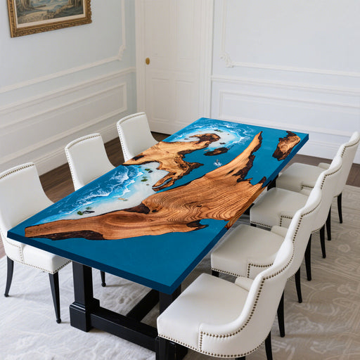 A modern walnut epoxy ocean table with realistic wave and beach design