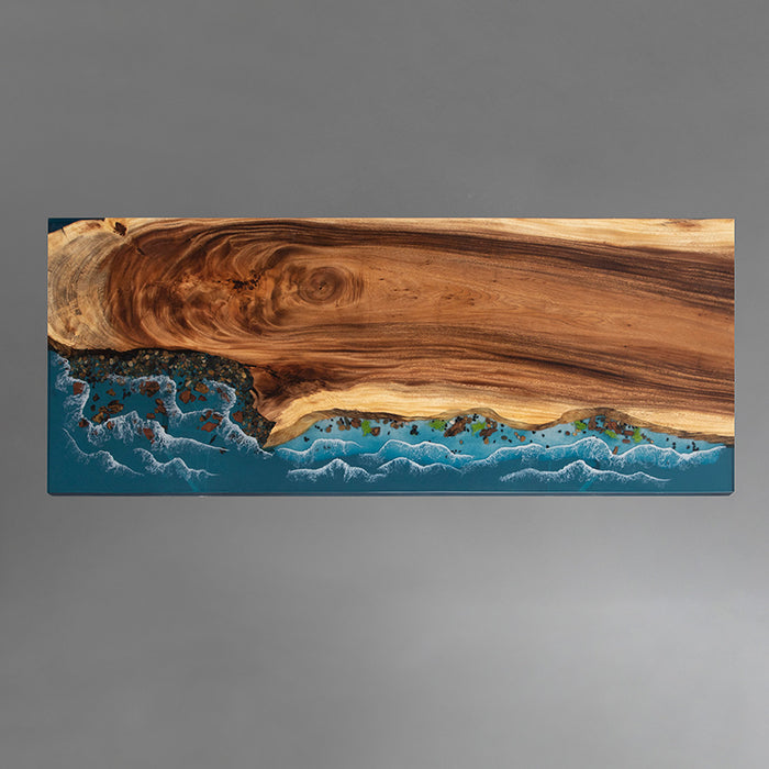 Walnut resin table with ocean details for luxury Airbnb dining area