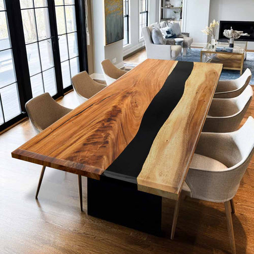 Front view of a 36×60 walnut wood black epoxy resin dining table, ready to seat 6 people.