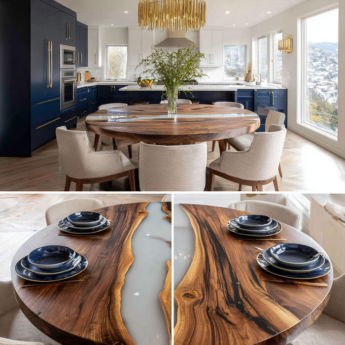 Modern kitchen with a wooden dining table and chairs, featuring a large window view.