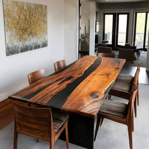 Dining room with a wooden table and chairs in a modern interior setting.