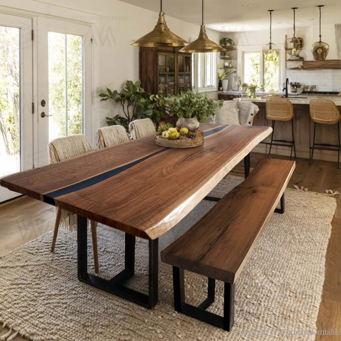 Walnut epoxy river table and bench set complementing Florida modern interior design.