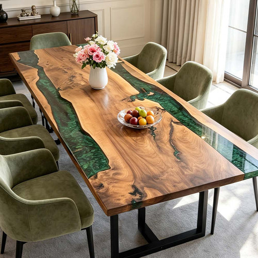 Live-edge walnut wood dining table with emerald green epoxy river, styled in a luxury modern dining room.