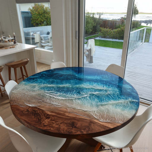 Handcrafted walnut epoxy river table with ocean wave resin top