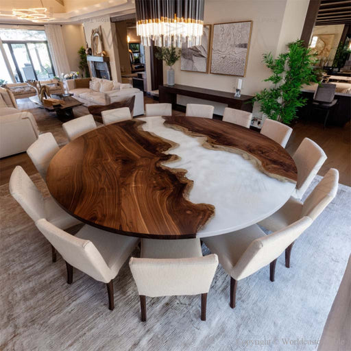 Front view of walnut epoxy round dining table seating 10 in modern dining room