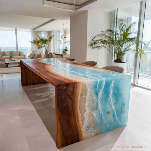 Walnut epoxy waterfall table with blue ocean wave resin in Miami dining room