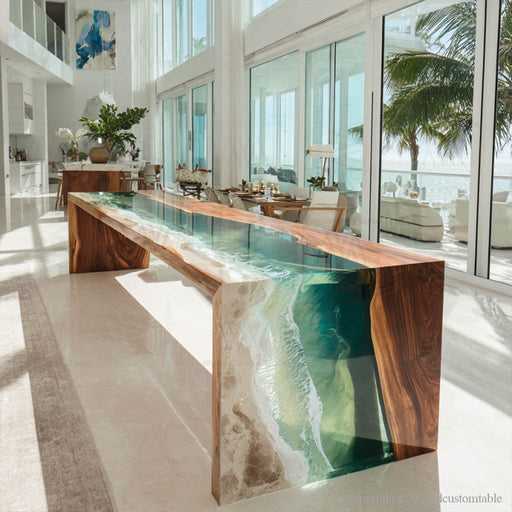 Walnut epoxy waterfall table with green wave resin in Miami-style dining room