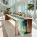 Walnut epoxy waterfall table with green wave resin in Miami-style dining room