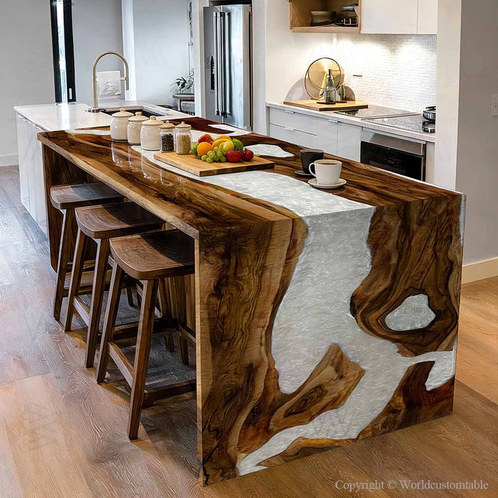 Walnut epoxy waterfall table in Scandinavian-style dining room