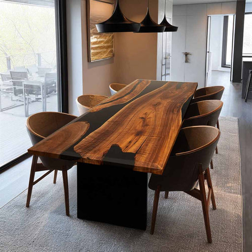 Dining room with a wooden table and chairs in a modern interior setting.