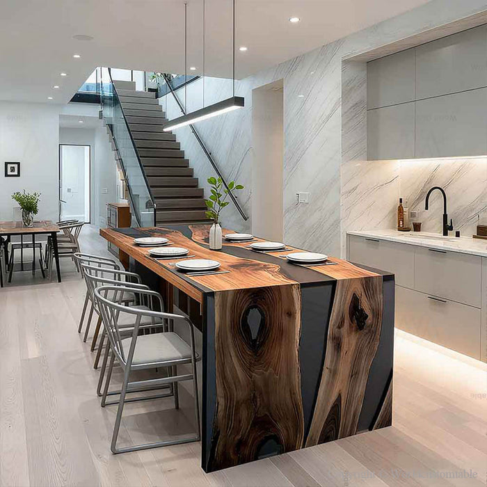 modern wooden epoxy waterfall table for kitchen & dinning spaces in las vegas
