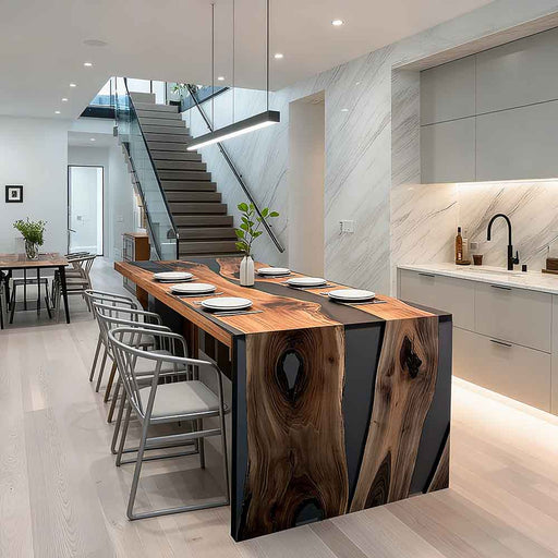 Modern kitchen with a wooden island and staircase in the background