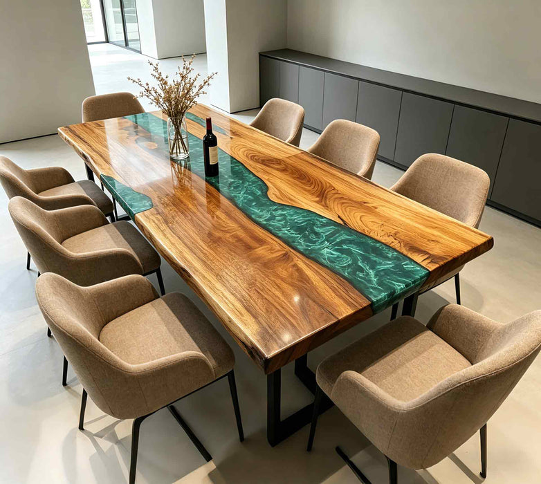 Black walnut dining table with green epoxy resin river swirl