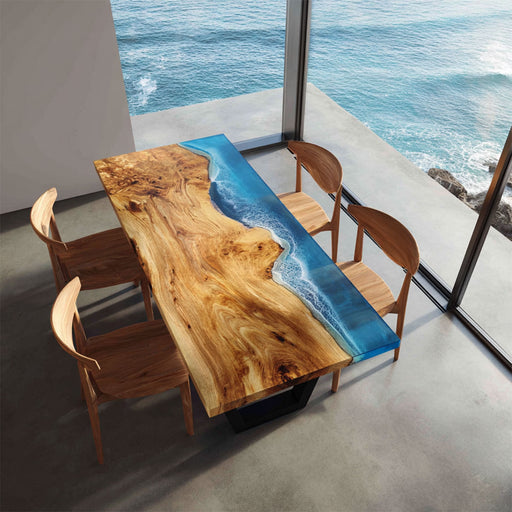 Live edge walnut epoxy table perfect for beach house and coastal decor