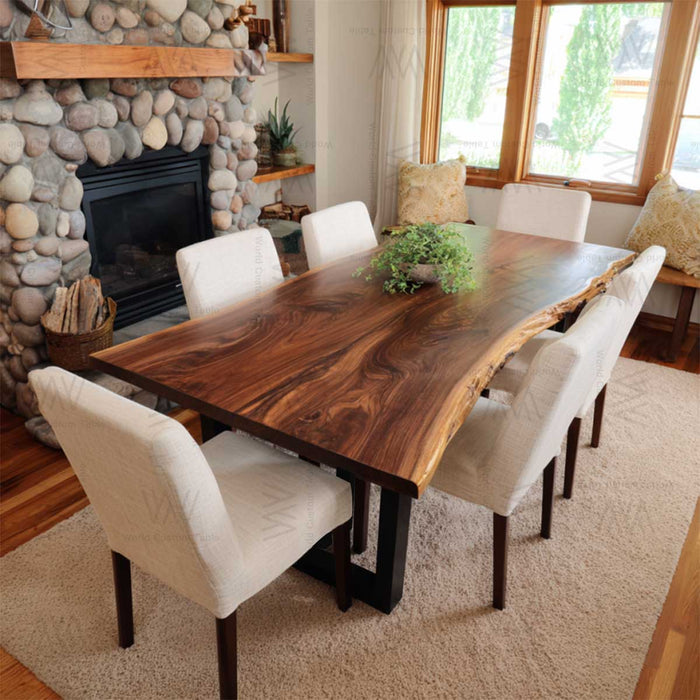 Handcrafted walnut live edge dining table in a California-style home setting