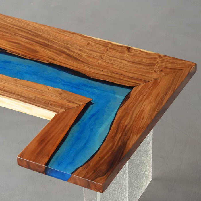 Walnut island countertop with mysterious blue epoxy resin river for kitchens