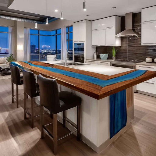 Modern kitchen with a large island featuring a blue accent